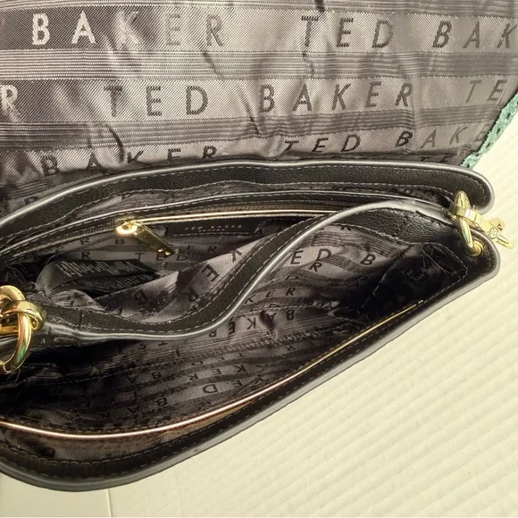 Ted Baker Jet Aalice Shoulder Bag Green Suede Flap Pebbled Leather Marble Chain
